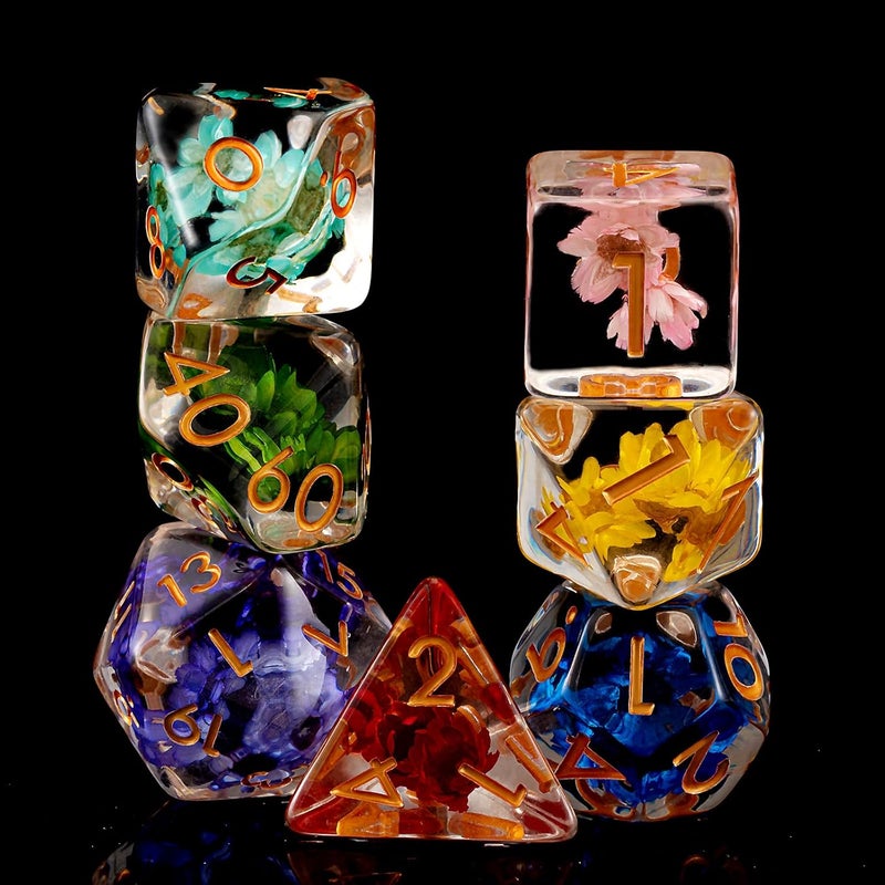 weyano Resin D&D Dice Set, Flower Polyhedral Dice for Dungeons and Dragons, RPG, MTG DND 7-DIE (D4, D6, D8, D10, D12, D20, D%) for Ages 15 and Up - Image 1